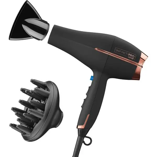 Conair InfinitiPRO Hair Dryer with Diffuser & Concentrator, 1875W, Black Ceramic blow dryer for all hair types with no-slip grip, multiple heat/speed settings, and a 6-foot cord for flexible styling