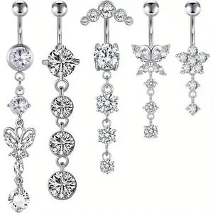 Women’s 5PCS 14G Hypoallergenic Stainless Steel Dangle Body Jewelry Set - Silver-Rose Belly Button Rings with Zirconia Stones, for Daily & Party Wear
