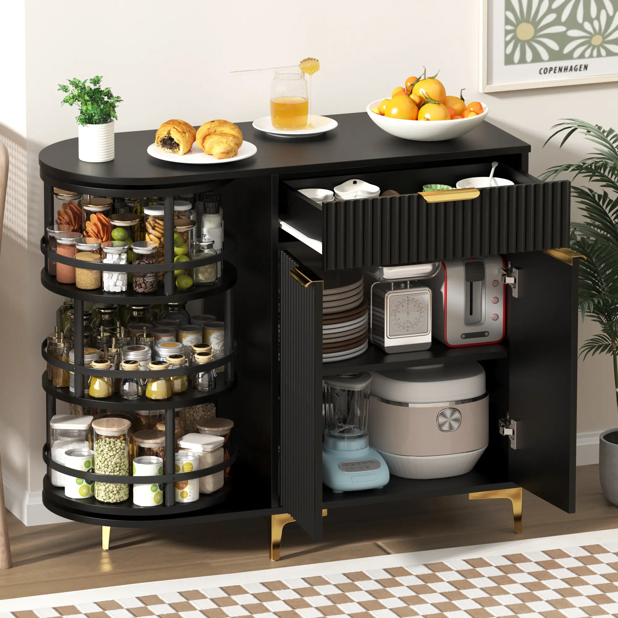 Naiyufa Black Modern Accent Sideboard - Single Unit Multifunctional Storage Cabinet with 360° Rotating Organizer Storage, Drawers for 2-3 Various Room Types (Living Room, Kitchen), Modern Accent Cabinet, Large