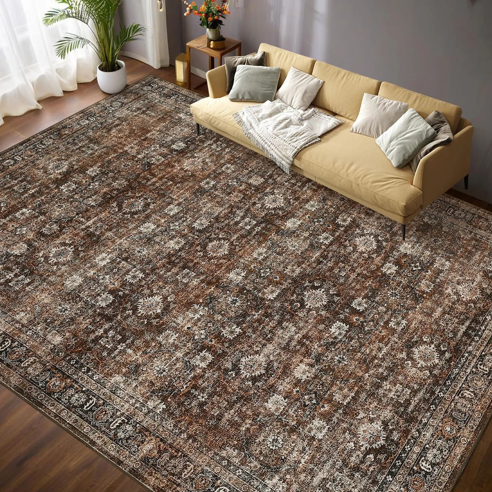 GARVEE Boho Floral Living Room Rug 10x13 Large Area Rug, Machine Washable, Non-Slip, Soft Low-Pile Carpet, Non-Shedding, Foldable Accent Rug for Bedroom and Playroom
