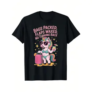 Black t-shirt featuring a vibrant unicorn wearing sunglasses, a bikini, with a pink suitcase and a beverage, along with the lettering "Bags packed, flaps waxed, no turning back"