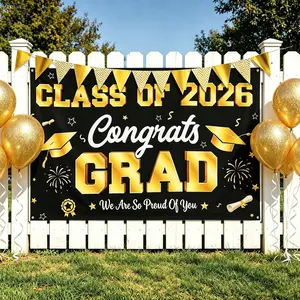 SummerVibes 71x 48 Inch Class of 2026 Graduation Banner Black & Gold Congrats Grad Large Photo Booth Backdrop Durable Reusable Decor for Parties