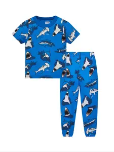Boys' Shark Fun Print Sleepwear Short Sleeve Home Set, Breathable Cotton Pajamas for Kids, Casual Fitted Nightwear