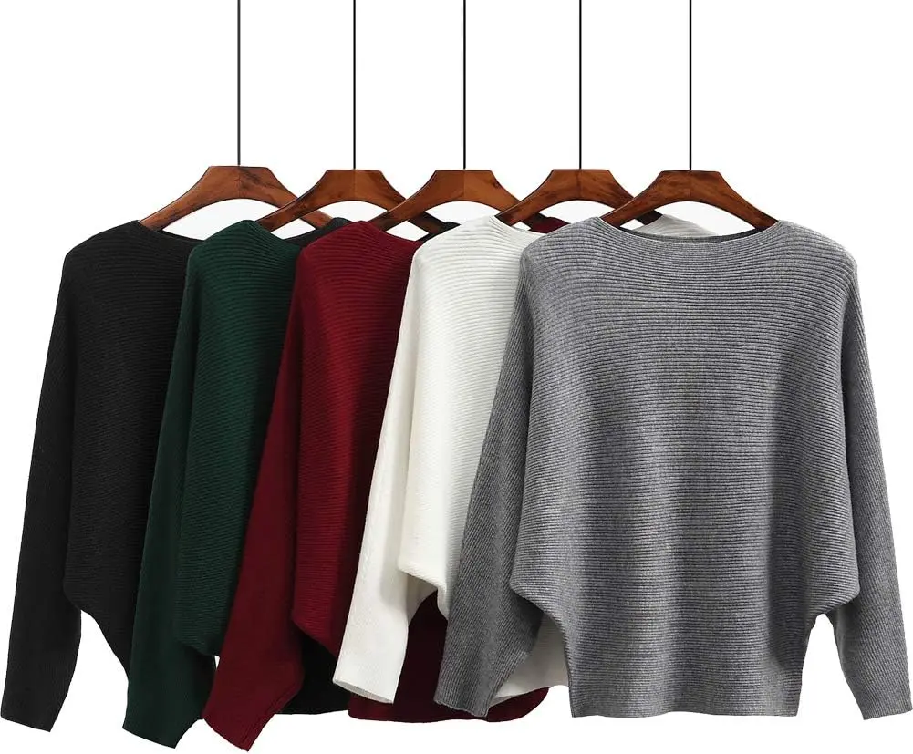 Womens Lightweight Oversized Boat Neck Sweaters Tops Dolman Batwing Sleeve Ribbed Knitted Pullovers