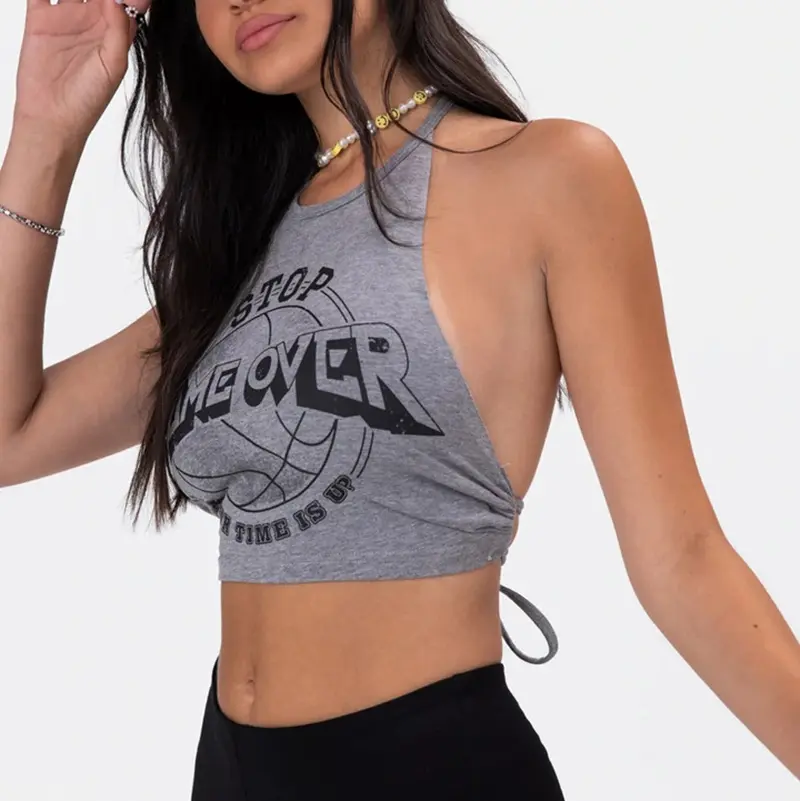 Neck Strap Backless Neckline Printed Sexy Tank Top