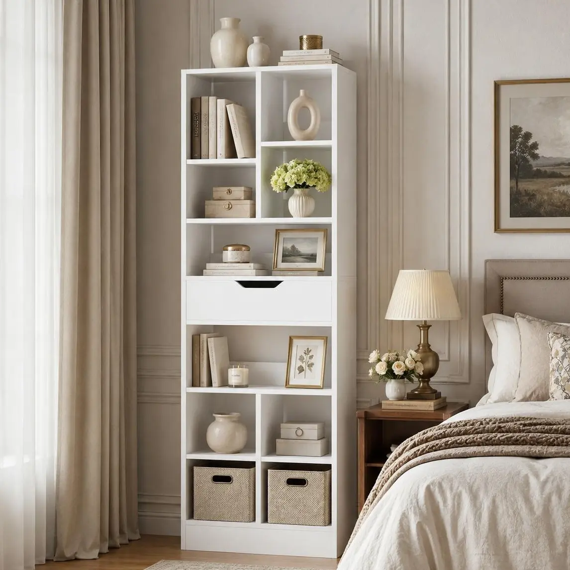 73.6" Tall Narrow Bookshelf with Drawer for Display, 19.7" Wide | 8-Tier Storage, Wood Freestanding Display Shelves, Anti-Tip Kit, Easy Assembly, Fits Tight Corner, Office Home Decor