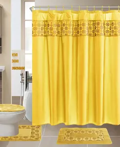 19-Pieces Bathroom Set: 2-Rugs/Mats, 1-Fabric Shower Curtain, 1-Toilet Seat Cover, 3-Towels, and  12-Hooks
