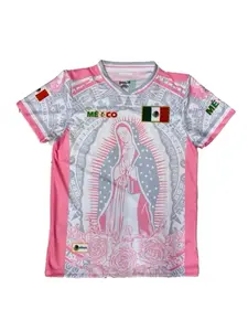 Mexico Light Gray/Pink Virgencita Soccer Jersey, Authentic Mexican Flag Soccer Jersey