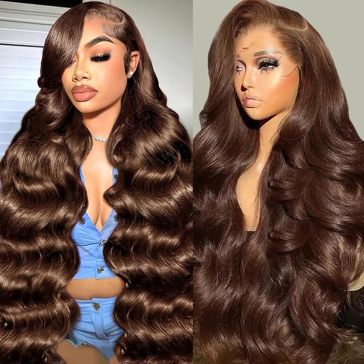 Zlzlblbl Chocolate Brown Body Wave Lace Front Wigs Human Hair 13x6 HD  Lace Frontal Wigs for Women Pre Plucked 200% Density 4# Brown Color Lace Closure Wig