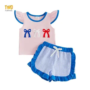 Toddler Baby Girl Summer 2 Pcs Outfit Bow Embroidered Crew Neck Flying Sleeve Tops And Ruffled Trim Plaid Shorts Set