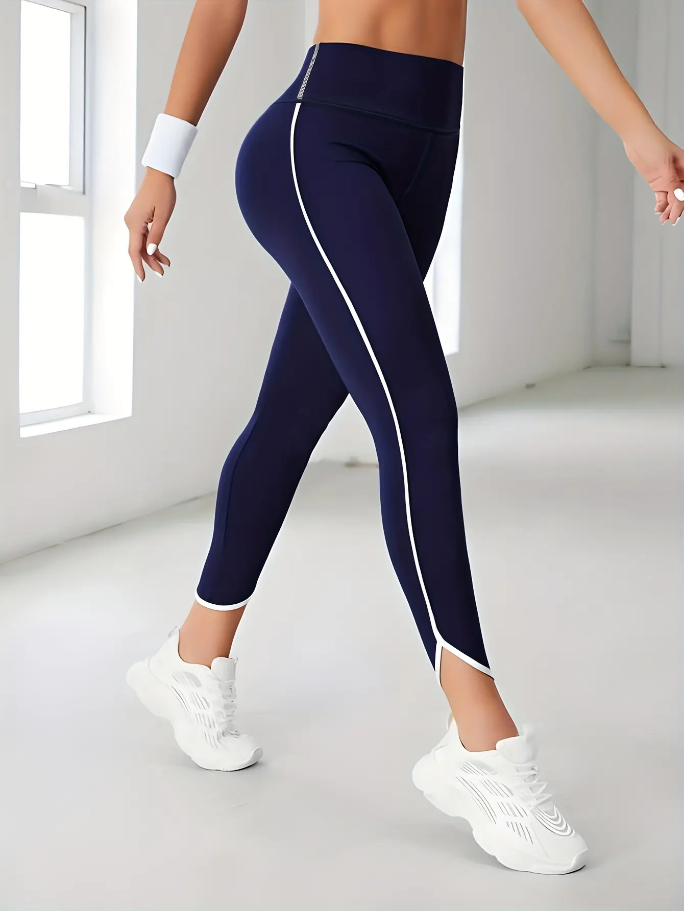 Women's High-Waist Leggings With Side Stripe Detail, Sporty Fitness Pants For And Gym Activities