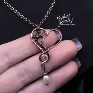 Dainty Boho Heart Necklace with Pearls - Copper Wire Wrapped Heart with Custom Crystals