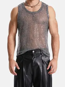 Men's Sleeveless Mesh Blouse, European Style Hollow Out Design, Casual Summer Top, Breathable Lightweight Shirt, Fashion Men's Clothing