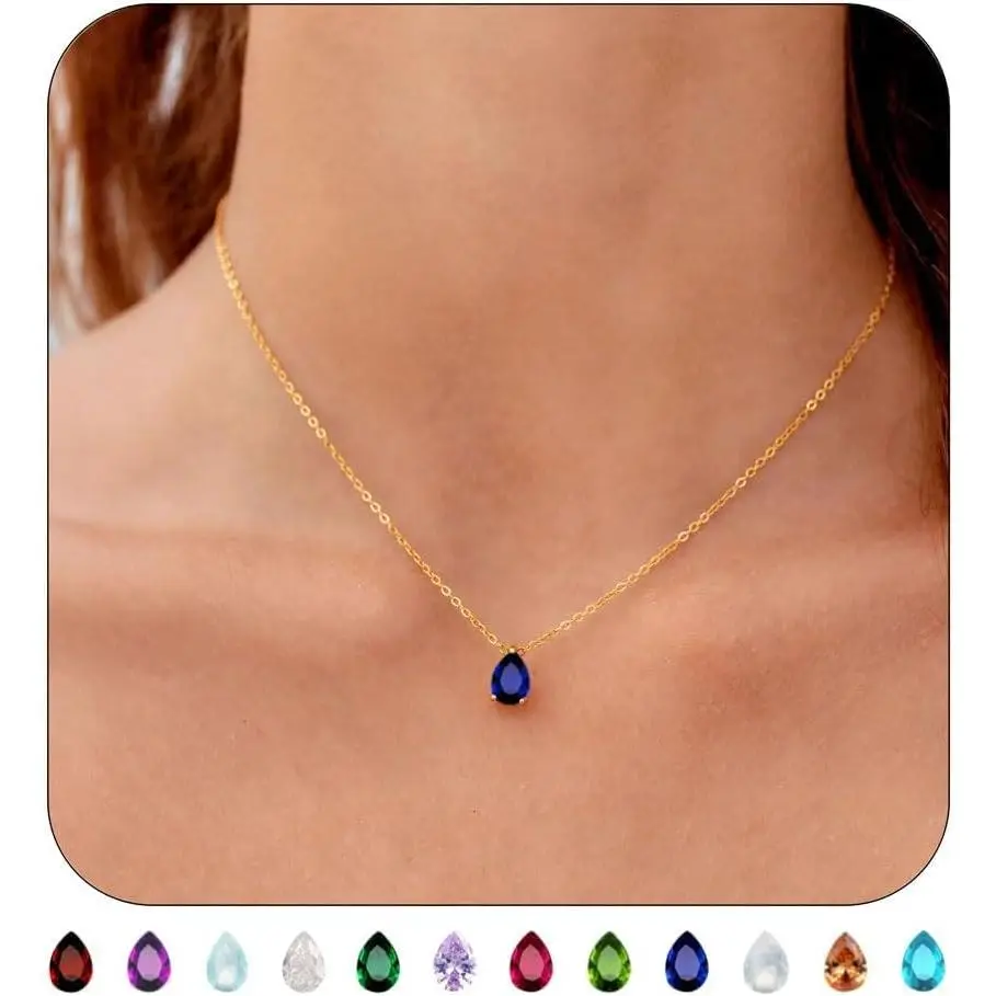 18K Gold Plated Birthstone Necklace for Women Dainty Diamond Teardrop Necklaces Emerald Green CZ Pendant Necklace Jewelry Birthday Gift
