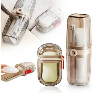 Portable Travel Toothbrush Holder and Soap Dish Tray Set, Leakproof Toothbrush Case with Cover and Bar Soap Container for Bathroom, Camping, Business Trips, and School