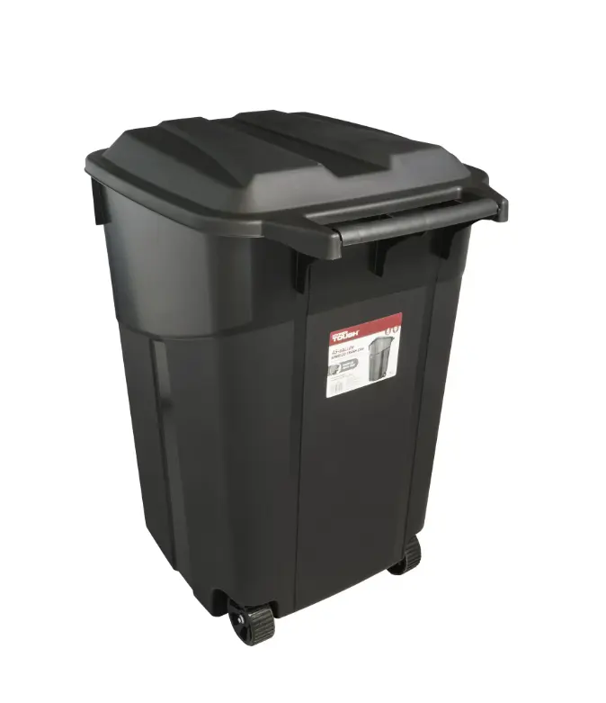 Hyper Tough 45-Gal Heavy-Duty Plastic Wheeled Garbage Can with Attached Lid, Black Home Care Bin