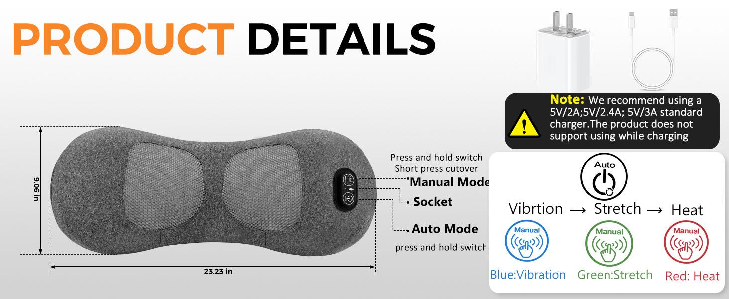 Cordless 3 in 1 Lower Back Massager - Heat, Vibration and Traction, 2600mAh Rechargeable Back Massager Office Chair & Home Use, Lumbar Support Pillow For Lower Back Pain, Smooth Spine Comfort Design neck relaxer Deep Tissue Percussion  lumbarmassager