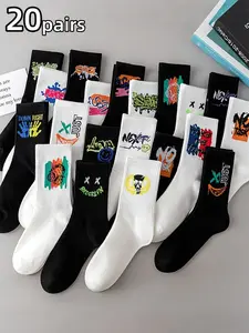 Men's Abstract Graffiti Style Mid-Calf Crew Socks, Casual Streetwear Fashion, Comfortable Daily Wear, Random Color Pairing