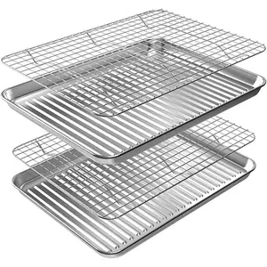 Quarter Baking Sheet Pan with Wire Rack Set [2 Pans + 2 Racks], Stainless Steel Cookie Sheet for Oven, Warp Resistant & Heavy Duty & Rust Free, Size 12 x 10 x 1 Inches