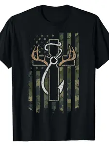 Christian Men's Plus Size Hunting & Fishing Camo T-Shirt - Deer Antler & Fish Hook Design with Cross Symbol, Breathable Short Sleeve, All-Season Comfort, Machine Washable Outdoor Casual Wear - Ideal Christmas Gift for Hunters, Fishermen