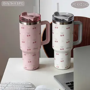 Cherry Flower Theme Car Cup, 40oz-14oz Stainless Steel Insulated Tumbler, Travel Coffee Mug, Gift for Women, Teens, Office, Outdoor, Gym