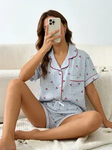 Women's Short Sleeve Button Down Top and Shorts Pajama Set, Spring Summer Wear, For Energetic Teen Girls, Blue White Gingham With Bright Cherry Print, Classic Lapel Collar, Loose Vitality Fit, Comfortable For Home & Gatherings