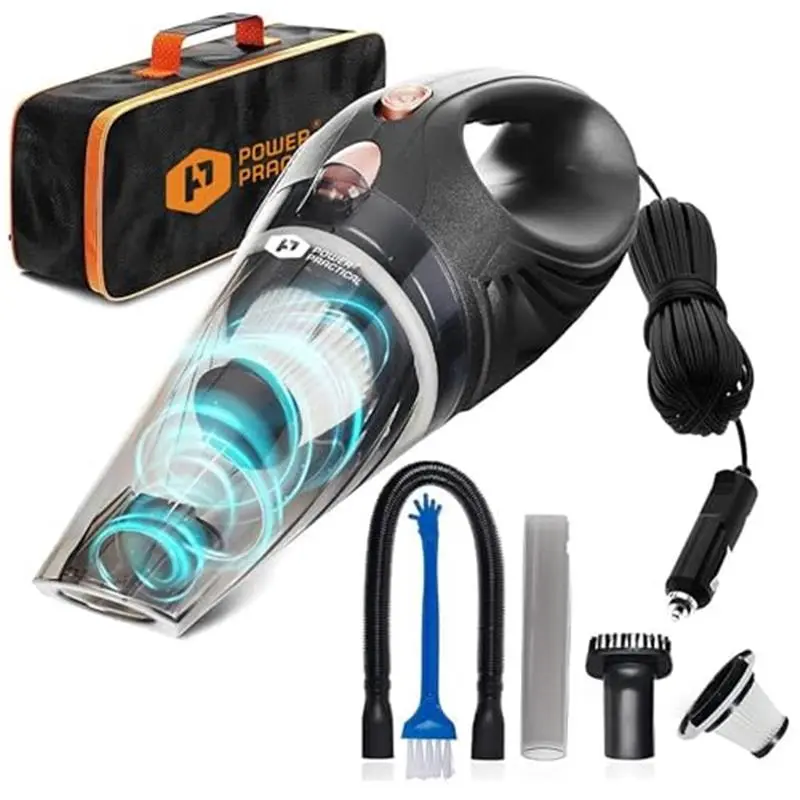 Car Vacuum Cleaner - Portable, High Power, Handheld Vacuums w/ 3 Attachments, 16 Ft Cord & Bag - 12v, Auto Accessories Kit for Interior Detailing - Black