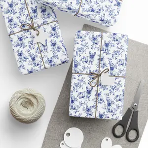 French Bulldog Blue Toile Wrapping Paper, Premium Gift Wrap for Frenchie Mom, Toile de Jouy Present for French Bulldog Lover, Glossy & Matte , Best of gift, Meaningful gift. (Get 1 paper cutter when buying any 5 rolls)