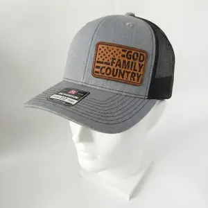 God Family Country American Flag Leather Patch Trucker Hat Richardson 112 Style Adjustable Mesh Snapback Cap Perfect Gift Idea