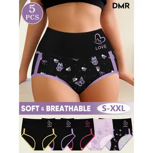 DMR 5-Pack Women's Mid-Waist Comfortable Underwear - Colorful Contrast Design, Tummy Control Effect with Stretch Polyester Blend