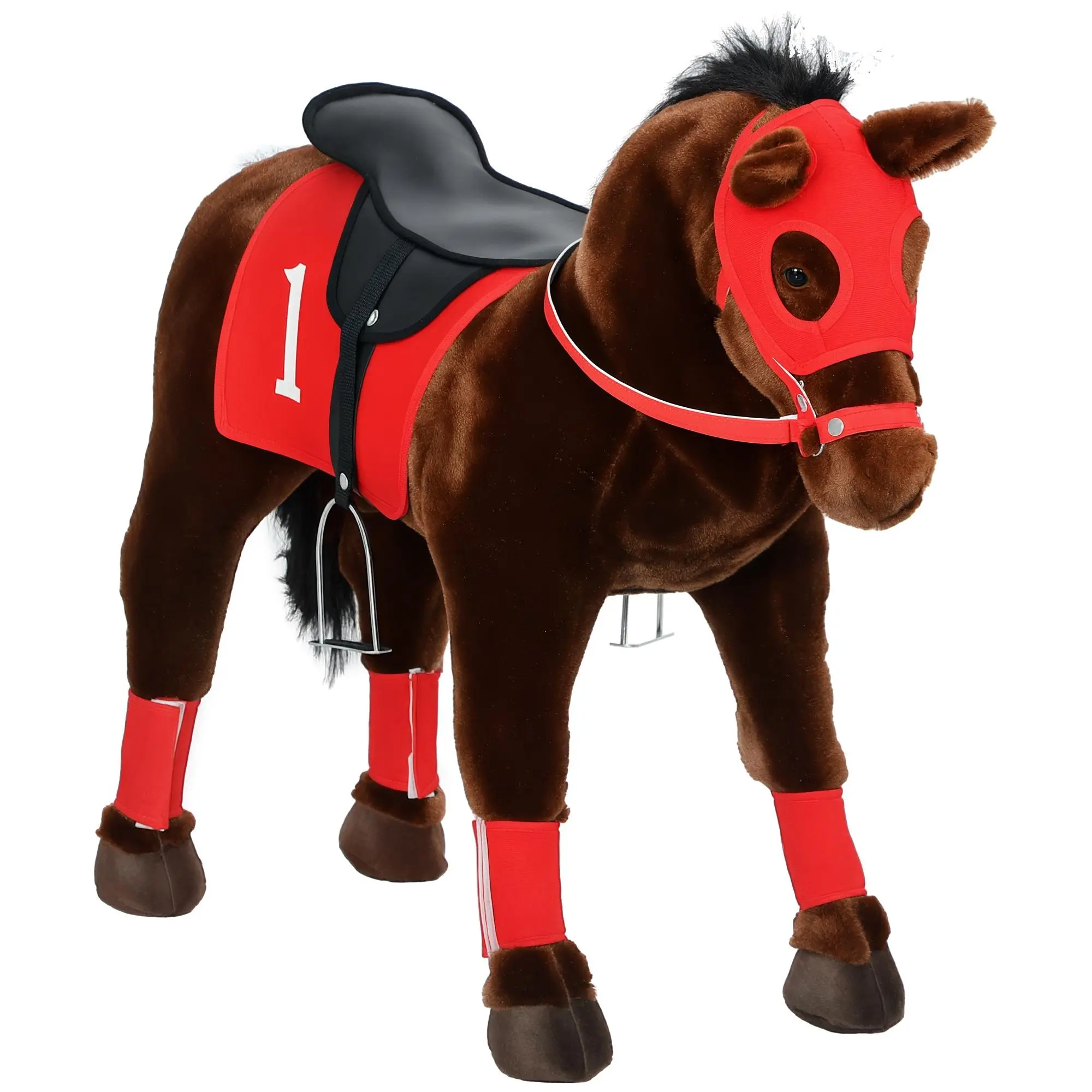 Qaba Ride on Horse for Kids 3-8 Years Old, Toddlers Riding Horse with Neighing Sound, Ride on Animal Pony Toy with Saddle & Stirrups - Brown