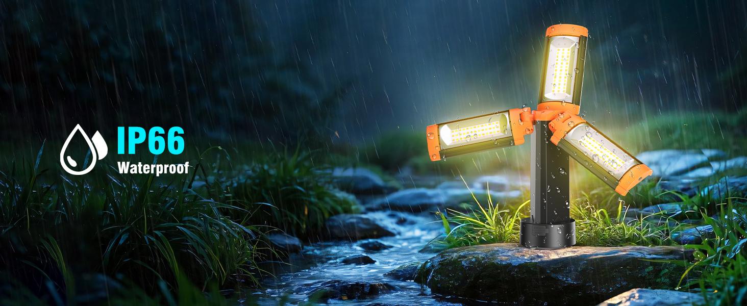 ADEWALK 12000mAh Camping Light with Stand, Rechargeable Work Light, 10000 Lumen Dimmable Cordless Work Light with 3 LED Lamp Heads, Magnetic Emergency Flashlight with 79" Detachable Tripod