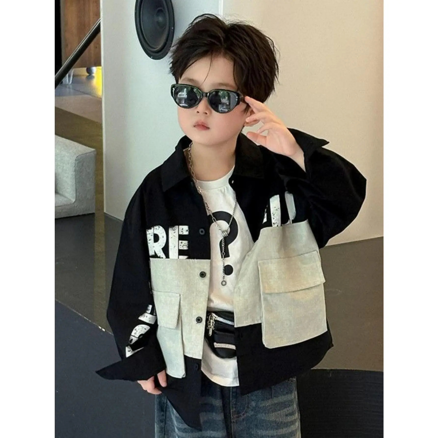 Boys' Thin Shirt Jacket, New Spring and Autumn Long Sleeve Top, Turn- Collar Boys' Shirt
