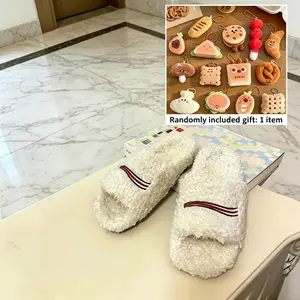 Bright White Fuzzy House Slippers for Women, Cozy Open-Toe Plush Slides for Bedroom & Lounging, Non-Slip Sole for Home Use, All-Season Warm Footwear, 1 Random Cute Gift Included. Girl Breathable Soft
