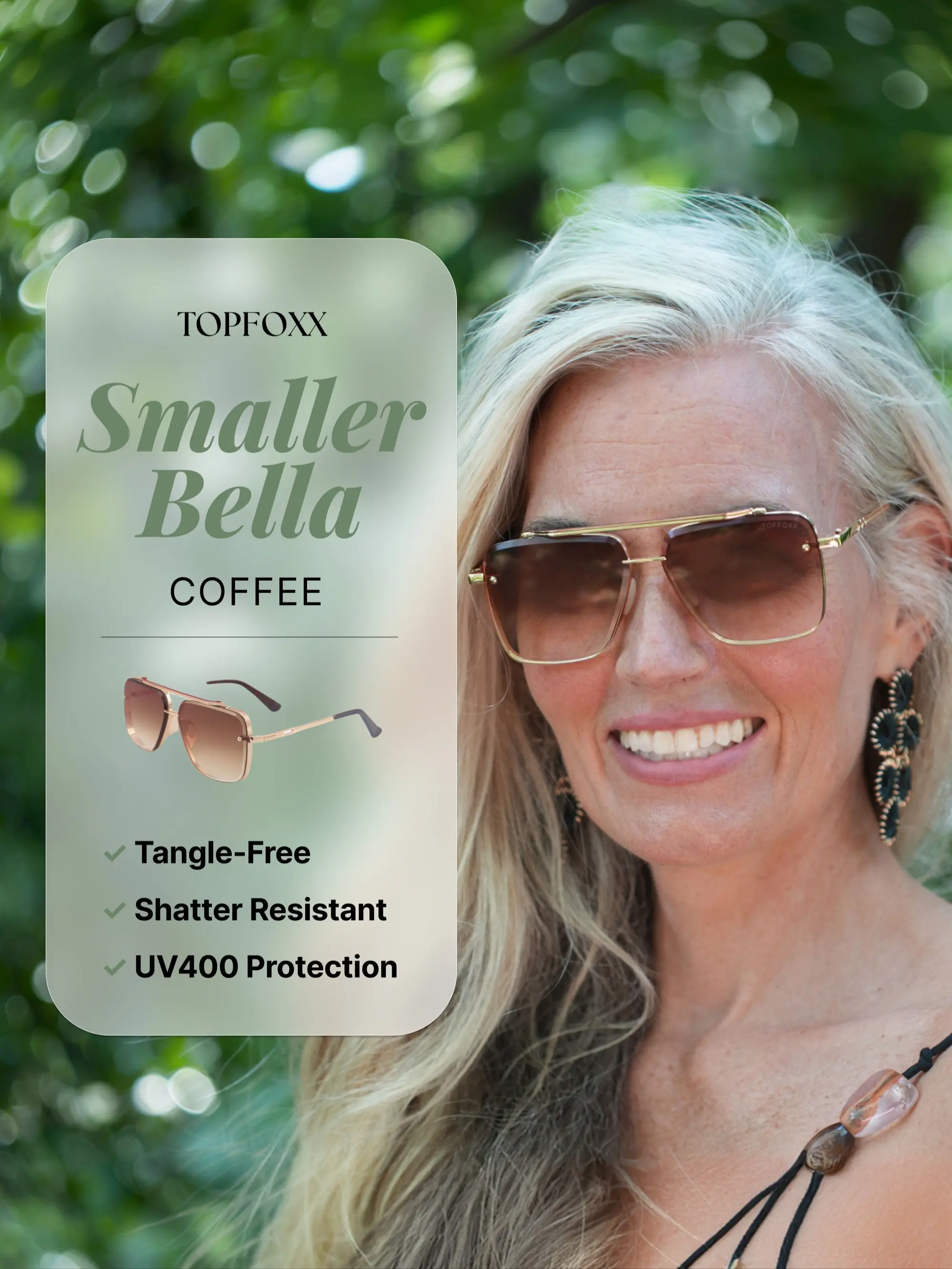 Topfoxx Smaller Bella Aviator Shape Sunglasses - Coffee, Tangle-Free - Certified Shatter-Resistant Lenses - UV400 UV Protective, Trendy Styling Sunglasses for Women - Stylish Accessories