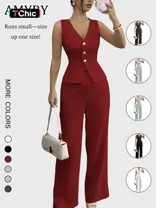 Elegant Women's V Neck Sleeveless Bodycon Vest & High Waist Pants Set, Spring Summer Fashion Two-Piece, Slim Fit Casual Wear