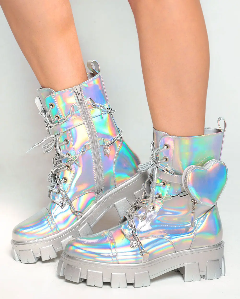 Dreamy Dazzle Holo Combat Boots With Charms & Heart Pocket Dreamy Dazzle Holo Combat Boots With Charms & Heart Pocket