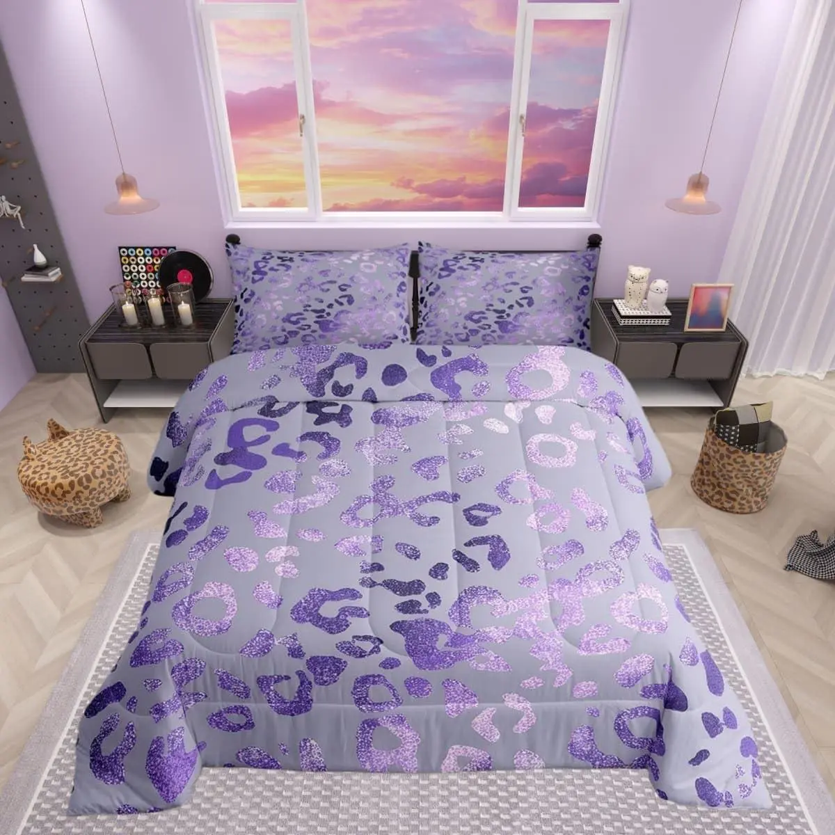 Purple Leopard Printed Comforter Set,Purple Glitter Bedding Set Women,Adults Cheetah Printed Comforter,Wild Animal Skin Quilted Duvet Set Bedroom Collection