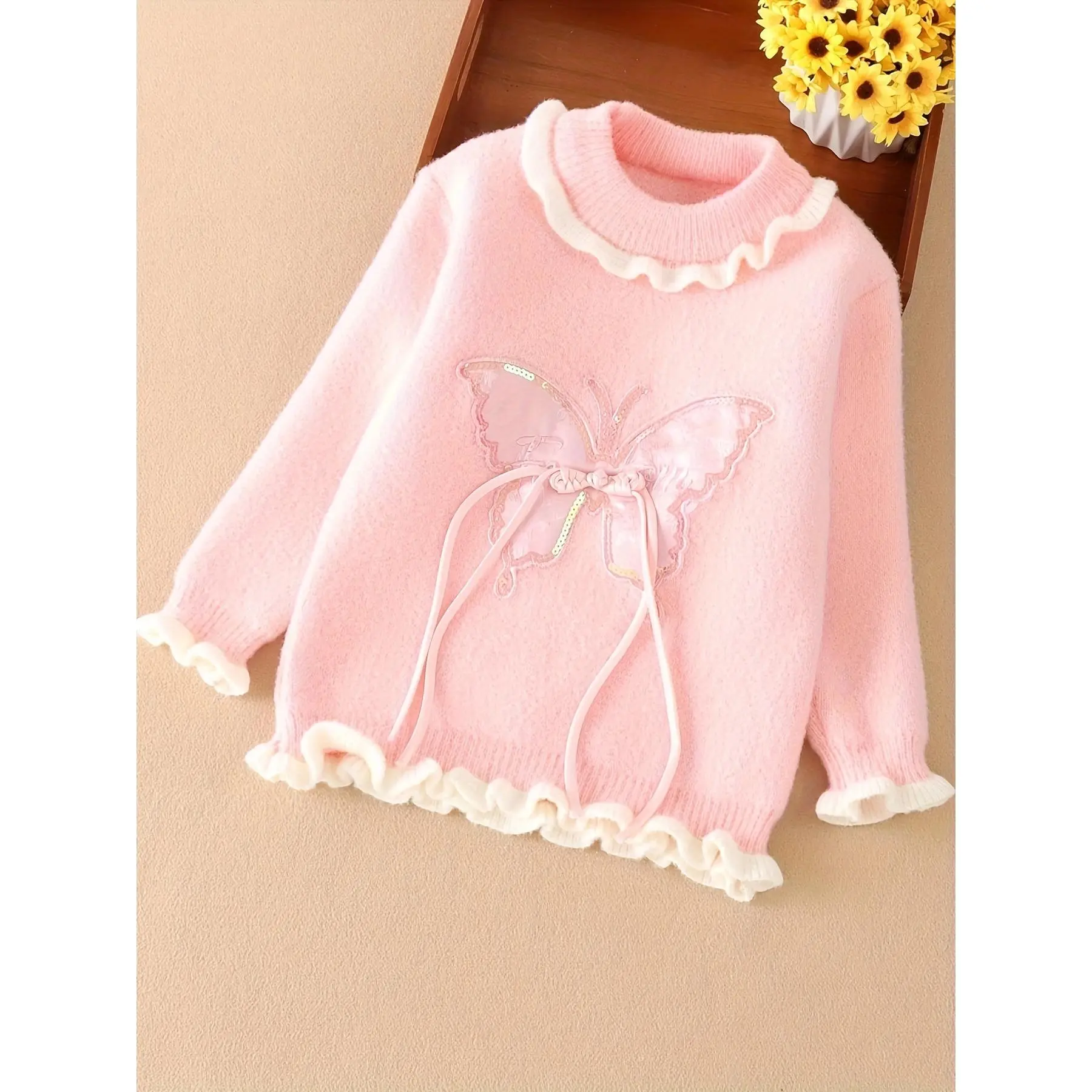 Girls' Butterfly Ruffle Edge Sweater, Soft Acrylic Knit Crewneck with Long Sleeves for Toddlers & Kids' Casual Fall Wear, Crewneck Sweatshirt, Casual Wear, Regular Sleeve, Butterfly Motif