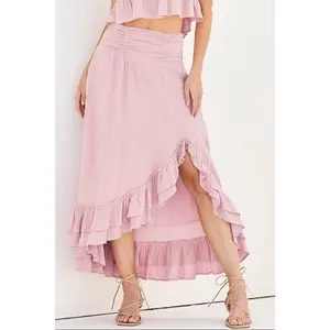 Women's Side Slit Ruffled Midi Skirt with Hidden Side Pockets - Petal Rose Pink