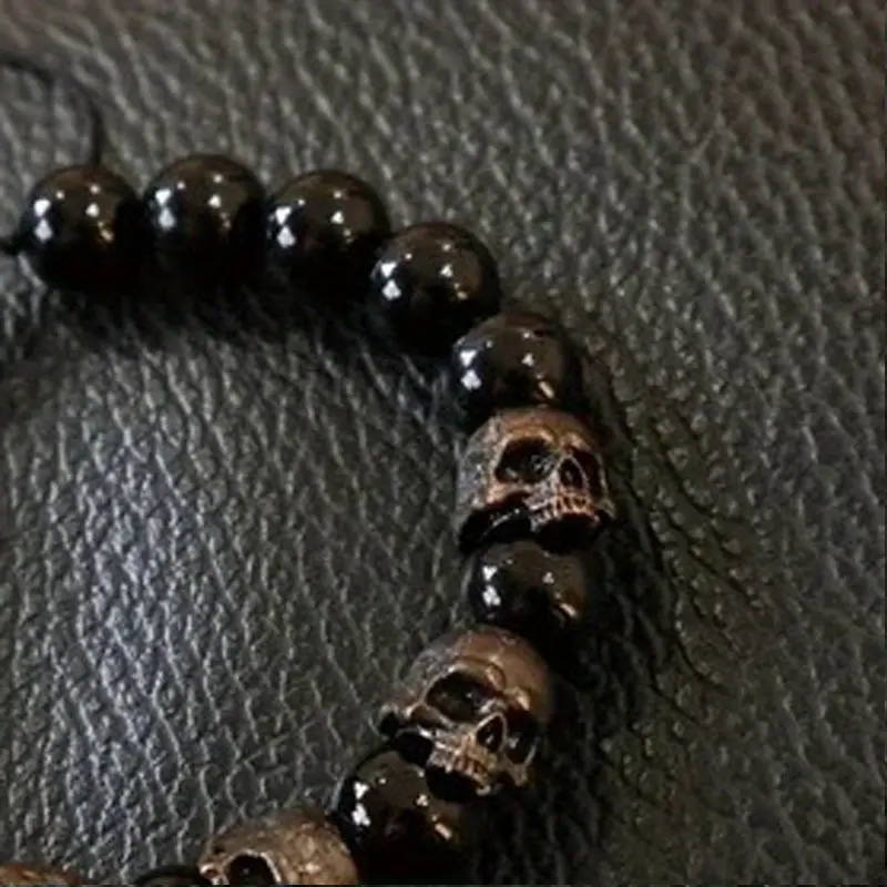 Men's Punk Style Dark Skull Bracelet - Adjustable Black Beaded Gothic Alloy Charm Wristband, Male Fashion Costume Jewelry Accessory, Beads
