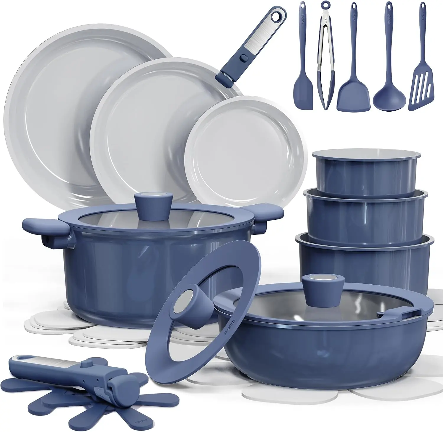 27pcs Ceramic Cookware Set - Pots and Pans Set with Detachable Handle, Non-Stick, Non-Toxic, PFAS & PFOA Free, Induction Compatible, Dishwasher & Oven Safe, Space-Saving, Ideal for Camping Cooking, Blue Frying Cookware