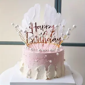 Elegant Faux Pearl & Crown Cake Topper Set, 3pcs Modern Wedding, Birthday, Anniversary, Holiday Cake Decoration