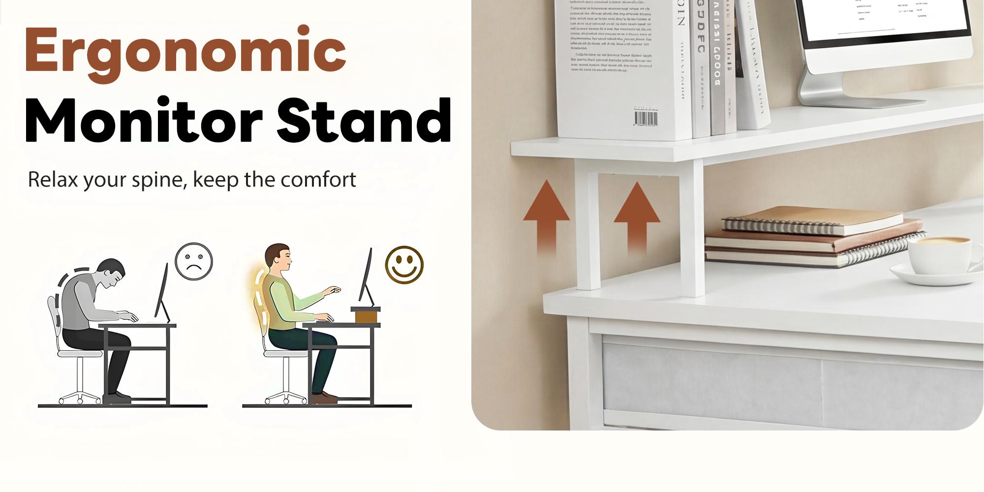 Small Home Office Computer Desk, Desk with 2 Drawers and Monitor Stand, Gaming Desk for Small Spaces