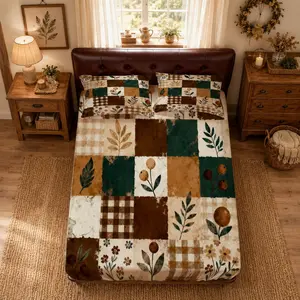 3 Pcs Fitted Sheet Set, Vintage Cottage Patchwork Botanical Style, No Pillow Inserts, 1 Fitted Sheet and 2 Pillowcases, Soft Mattress Cover for Dorm Apartment Bedroom Guest Room