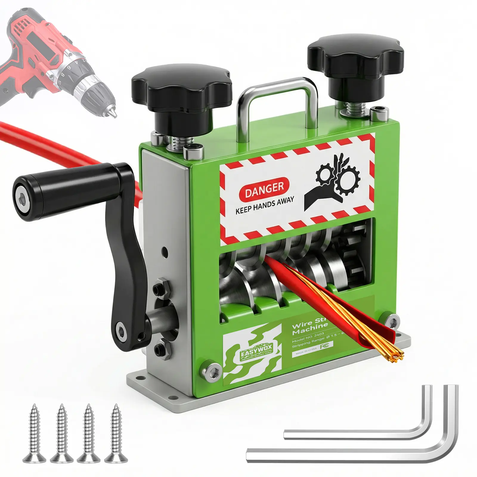EasyWox Manual Wire Stripping Machine with Manual Mode & Built-in Handle, Drill-Powered Hand Crank Tool with 6 Channels, 5 Blades, Fits 0.06"-0.67" Inches Wires for Copper Recycle Scrap Processing