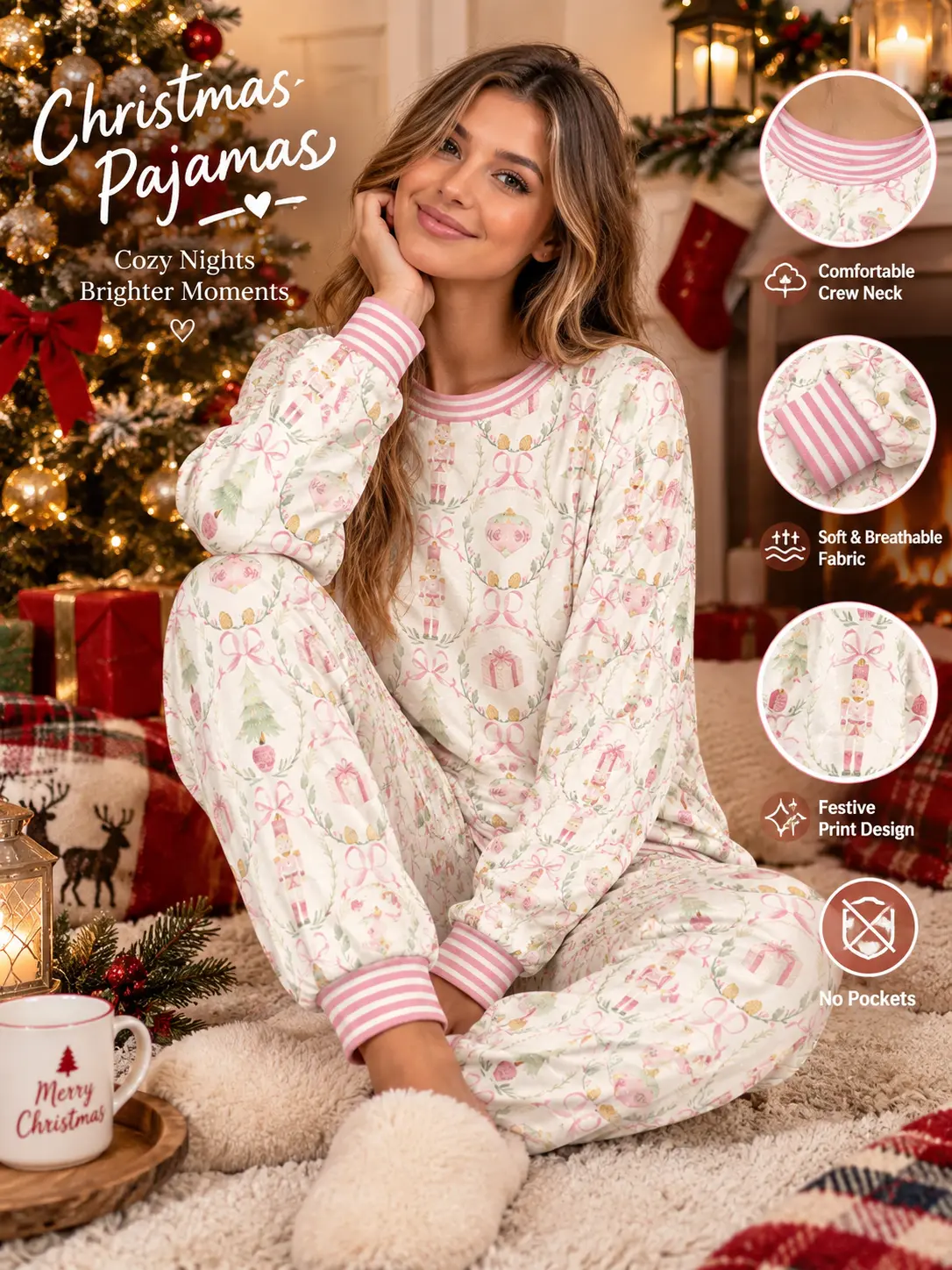 Women's Christmas Nutcracker 2-Piece Chic Elastic Loungewear Set - Striped Ribbed Stretchy Pullover Top, Matching Festive Print Cozy Pajama Sweatpants for Holiday Sleepwear