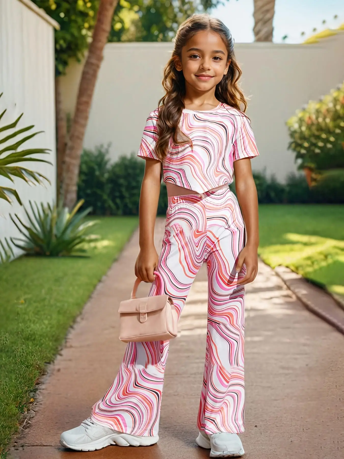 Girl's Marble Print Two-piece Set, Casual Short Sleeve Round Neck Top & Flare Leg Pants for Summer, Kids Clothes for Daily Wear