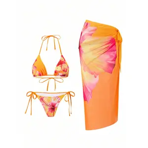 Women's 3 Piece Floral Halter Triangle Bikini Set Tie Side Bottom with Boho Cover Up Skirt High Waisted Tummy Control Swimsuit Snatched Waist Beach Vacation Outfit Bikini Set for Midsize Curvy Women cheeky Slimming rash guard tropical style tankini suit