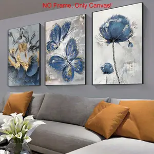 Blue Butterfly & Flower Pattern Abstract Botanical Print Floral Abstract Design Canvas Poster without Frame, 3 Counts Creative Images, Wall Art Decor for Home Living Room Bedroom Office
